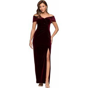XSCAPE LONG VELVET BURGUNDY OFF-THE-SHOULDER GOWN DRESS LEG SLIT SZ 16